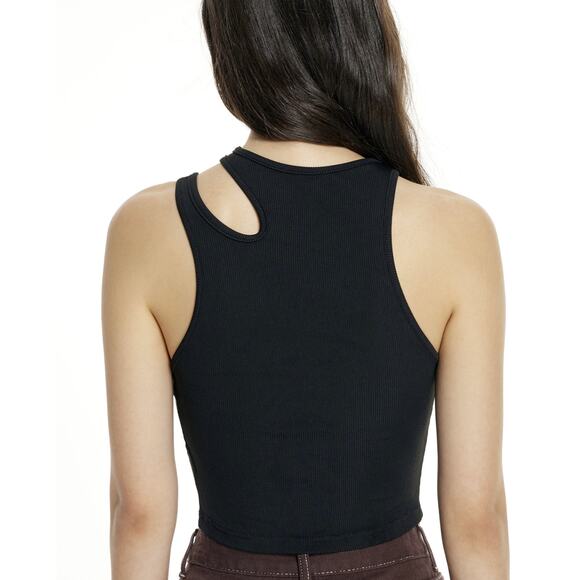 Cider Black Solid Asymmetrical Sleeveless Crop Top Ribbed Tank Top Size Large - Picture 2 of 8